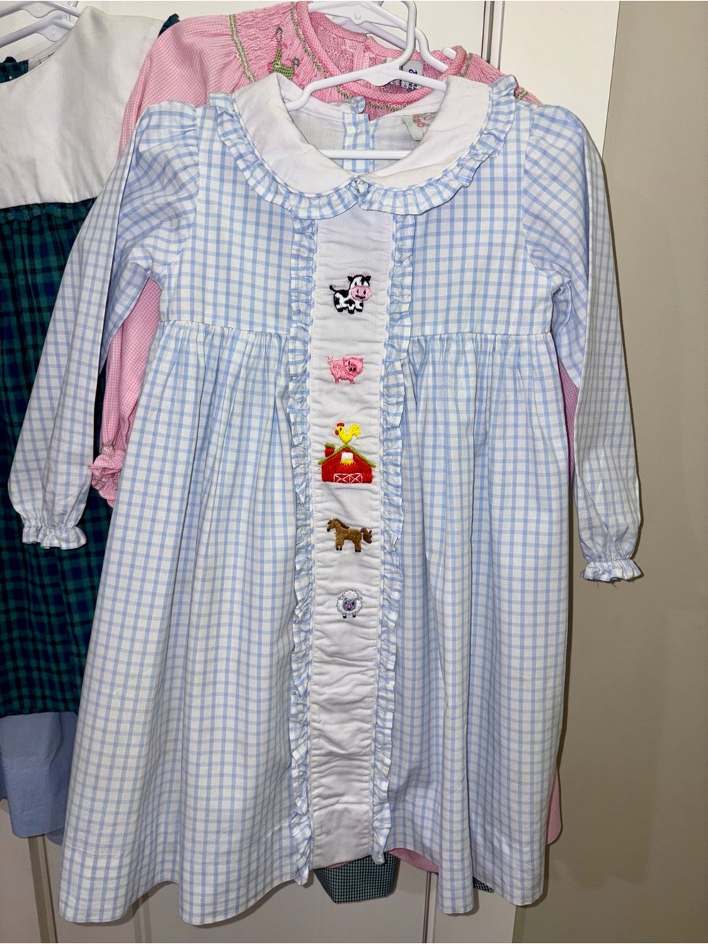 Blue Gingham Smocked Farm Animal Girls' Dress